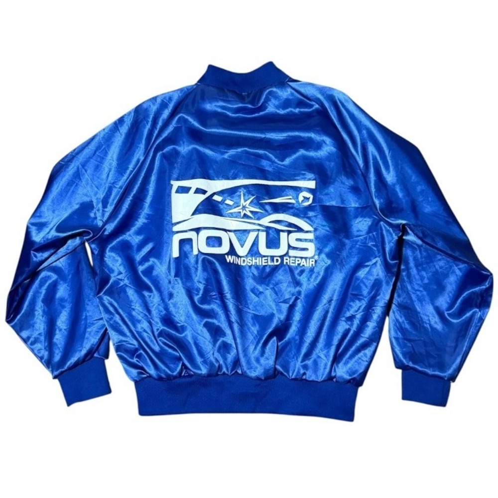 Vintage 80s Hilton Novus Windshield Repair Auto Car Mechanic Satin Bomber Jacket
